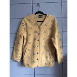 VTG Womens Geiger Boiled Wool Butter Yellow Embroidered Heart and Home Cardigan
